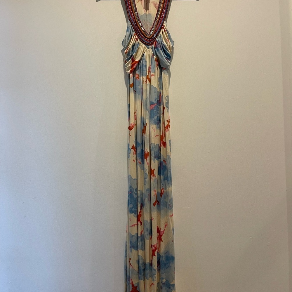 Prairie New York Embellished 100% Silk Cloud & Bird Ruched Maxi Gown size M